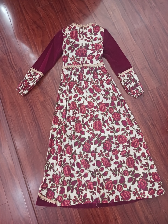 Gunne Sax by Jessica Burgundy Velvet Floral Trim Dress - Picture 9 of 11